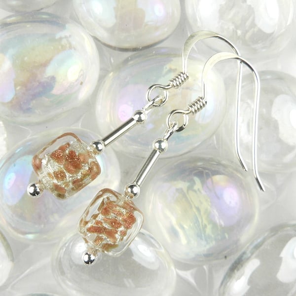 Murano glass cube drop earrings, sterling silver, 6mm, 3 colours