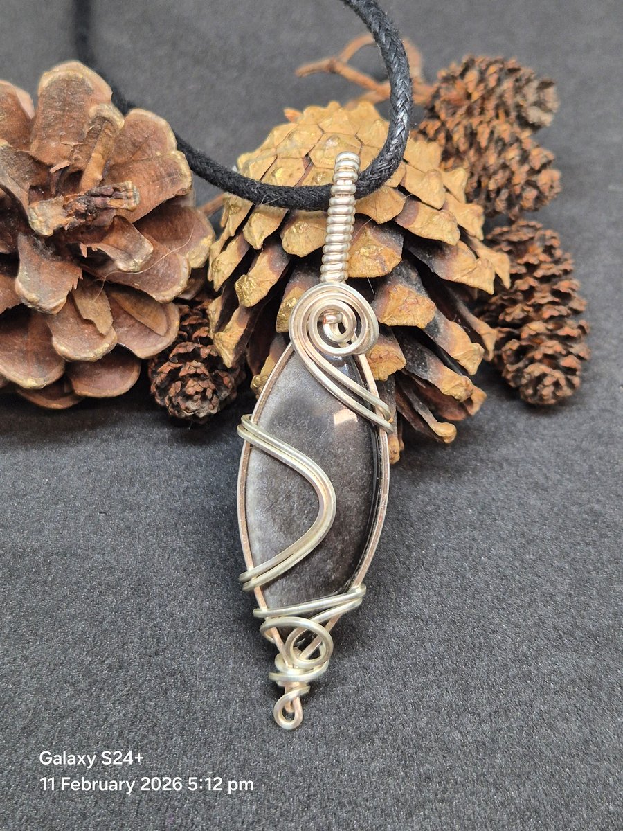 Silver sheen Obsidian pendant wire wrapped by hand