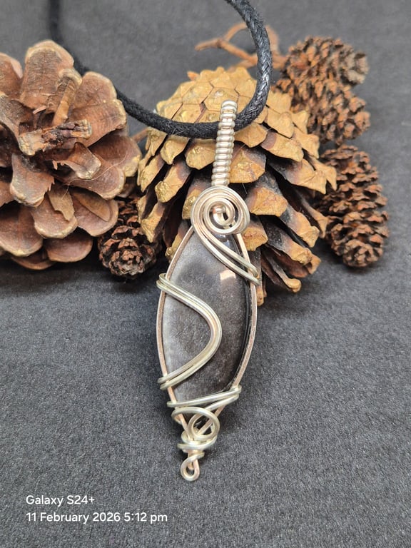 Silver sheen Obsidian pendant wire wrapped by hand