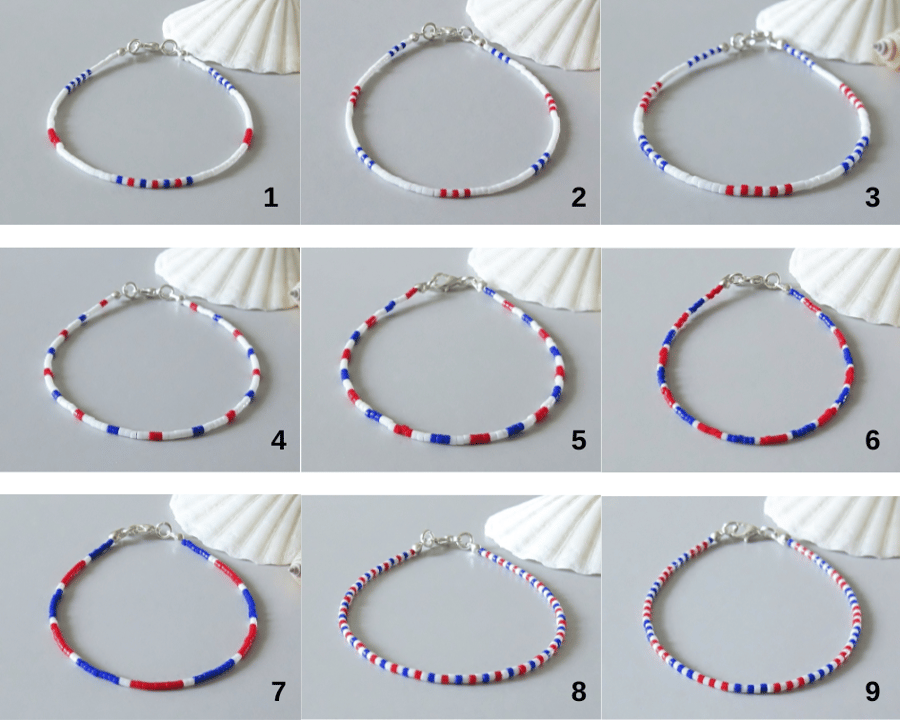 Patriotic Red White & Blue Seed Beads Dainty Unisex Bracelet - 6.5" - 8.5"