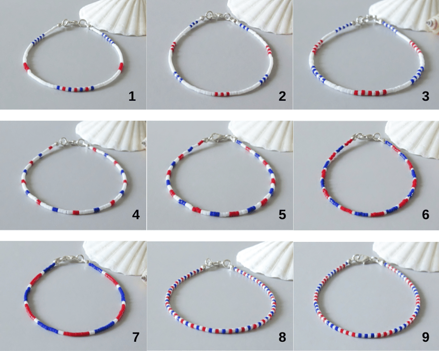 Red White & Blue Seed Beads Dainty Unisex Bracelet - 6.5" - 8.5"