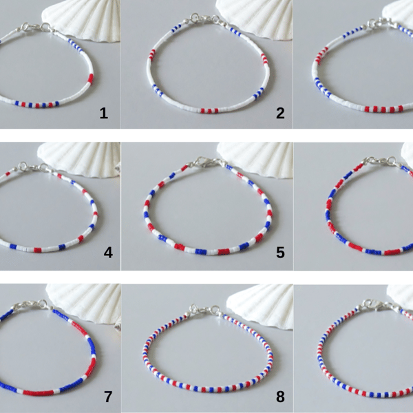 Red White & Blue Seed Beads Dainty Unisex Bracelet - 6.5" - 8.5"