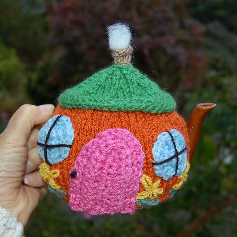 Country cottage tea cosy - hand embroidered, to fit a tea for one or two  teapot