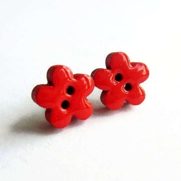 Bright Red Wooden Flower Button Stud Earrings - Hypoallergenic