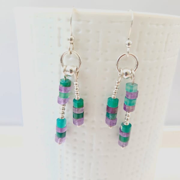 Colourful Sterling Silver Drop Earrings Amethyst & Green Agate