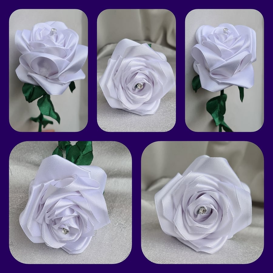 Gorgeous Handmade White Ribbon Rose - Long Stem Artificial Forever Flower Gift