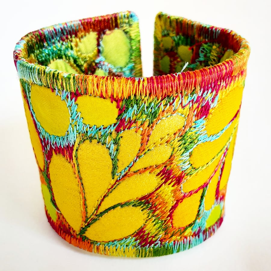Seconds Sunday Citrus Coloured Leaf Textile Cuff with Free Machine Embroidery 