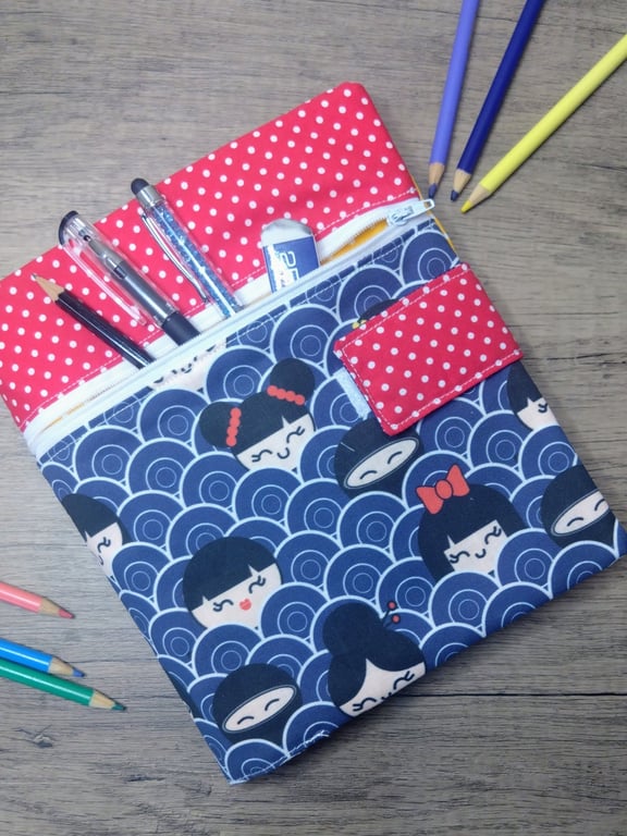 A5 sketchbook or notebook with fabric cover, kokeshi doll design