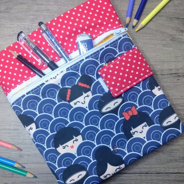 A5 sketchbook or notebook with fabric cover, kokeshi doll design