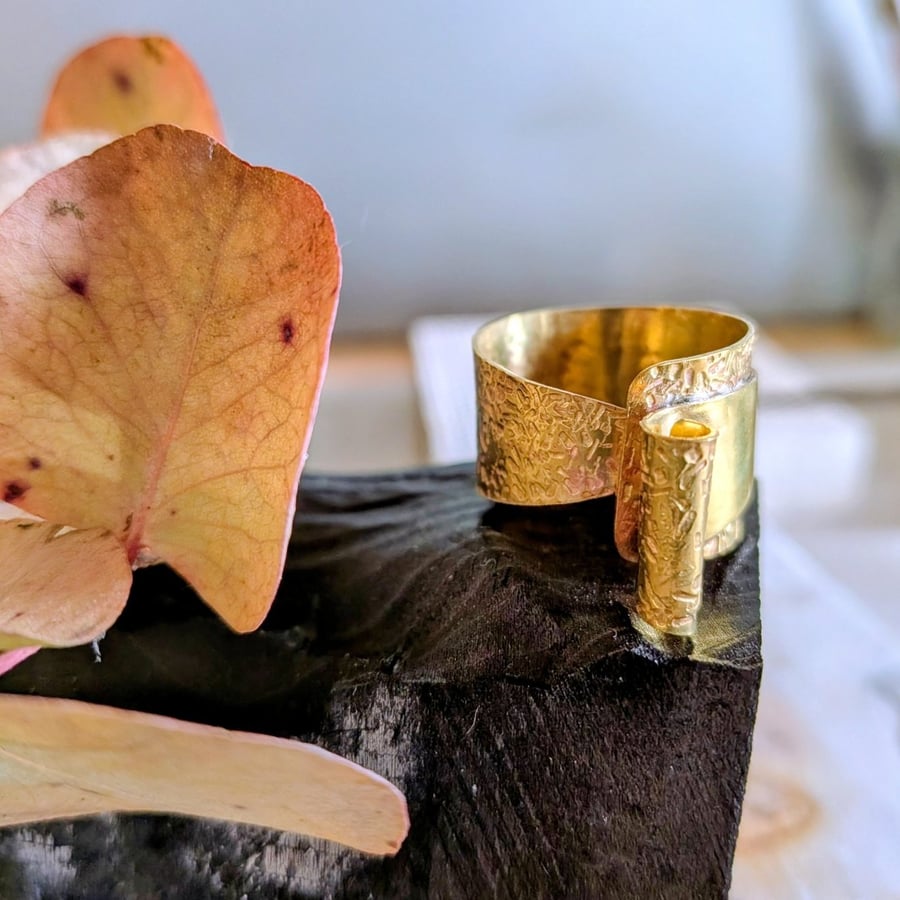 Sculptural Textured Brass Ring - Adjustable Contemporary Statement Ring