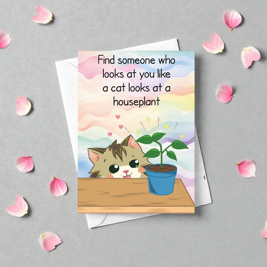 Funny Cat Houseplant Card, Cheeky Anniversary, Valentine, Long Distance Relation