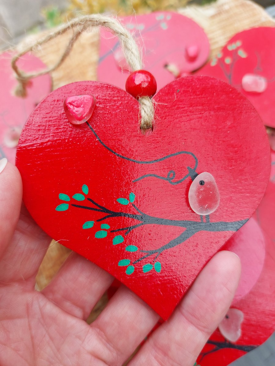 Sea Glass Heart Ornament - Red Bird Decoration Gift for Engagement, Wedding