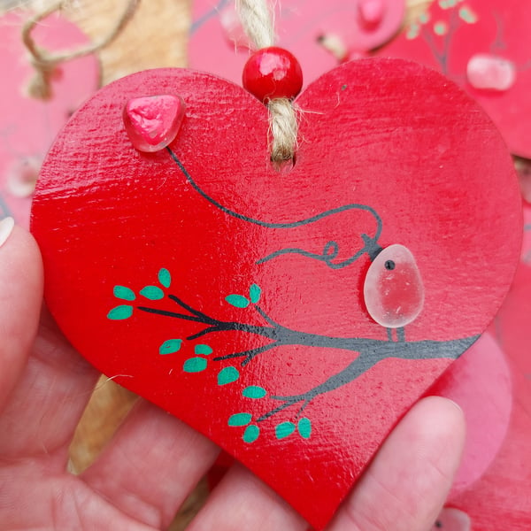 Sea Glass Heart Ornament - Red Bird Decoration Gift for Engagement, Wedding