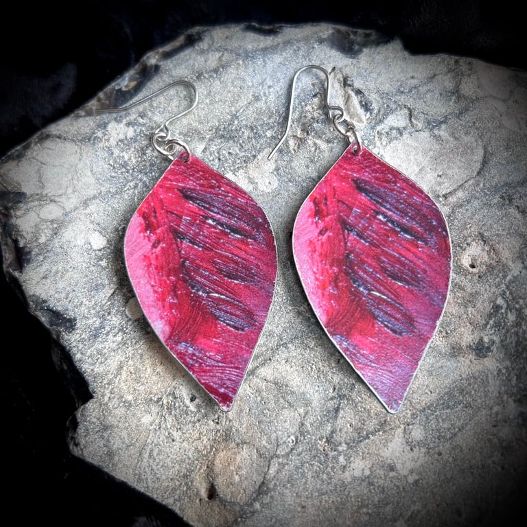 Red and Pink Leaf-Shaped Abstract Upcycled Tin Earrings