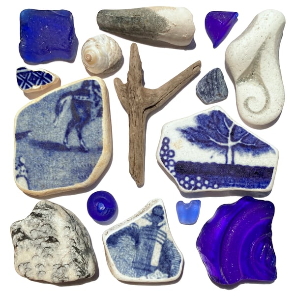 Rare Beachcombing Mosaic. Blue Sea Glass, Driftwood, Shells, Beach Pottery Art