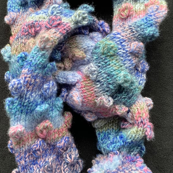 Hand Knitted Chunky Bobble Scarf in Pinks Purples and Blues