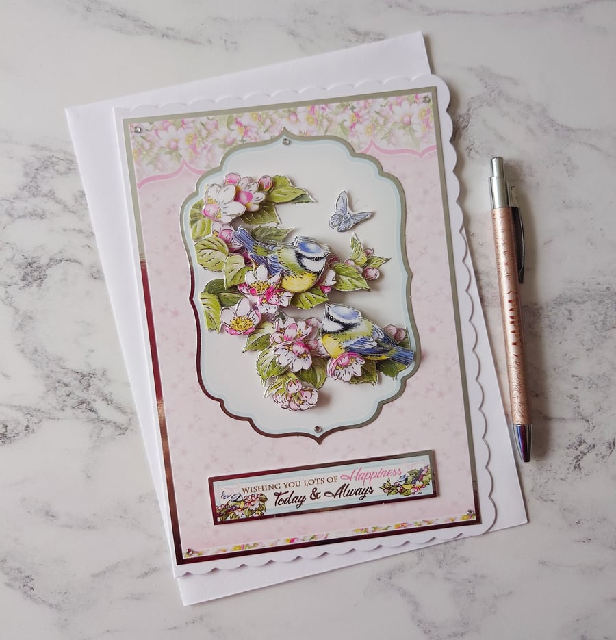 Blue Tits Happiness Anniversary Birthday Any Occasion 3D Luxury Handmade Card