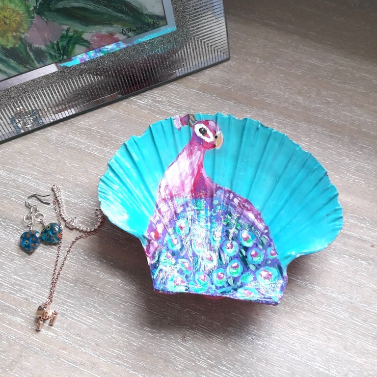 Pink and Purple Peacock Trinket dish, handpainted king scallop shell