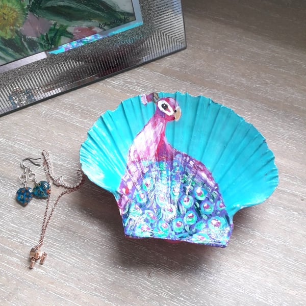 Pink and Purple Peacock Trinket dish, handpainted king scallop shell