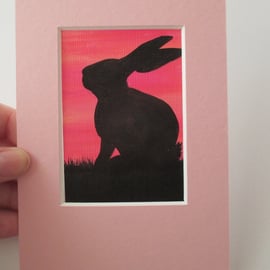 ACEO Rabbit aceo silhouette original art painting picture bunny black sunset 