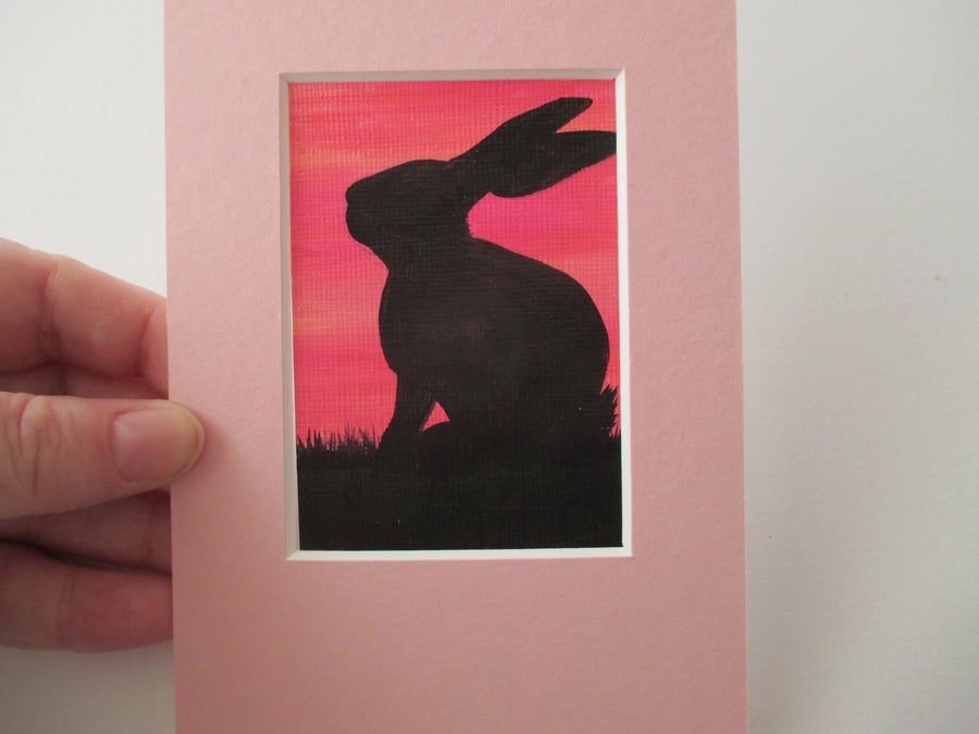 ACEO Rabbit aceo silhouette original art painting picture bunny black sunset 