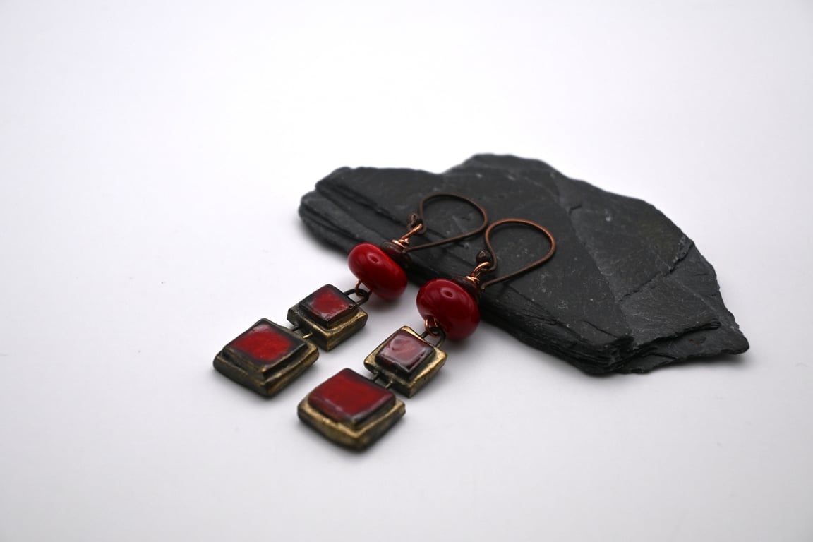 copper earrings, red lampwork glass and ceramic 