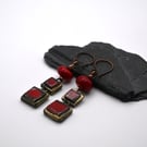 copper earrings, red lampwork glass and ceramic 