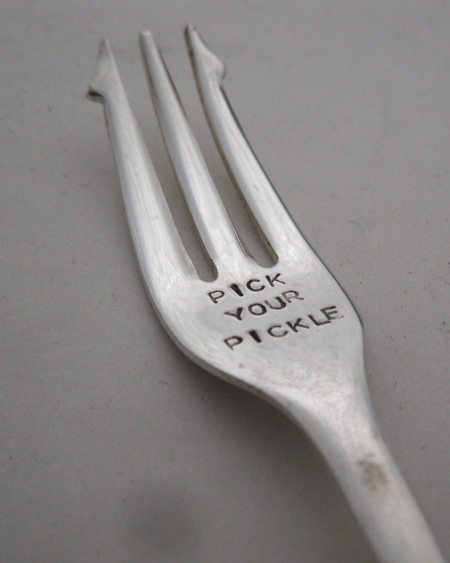 Short plain pickle fork, pick your pickle, handstamped