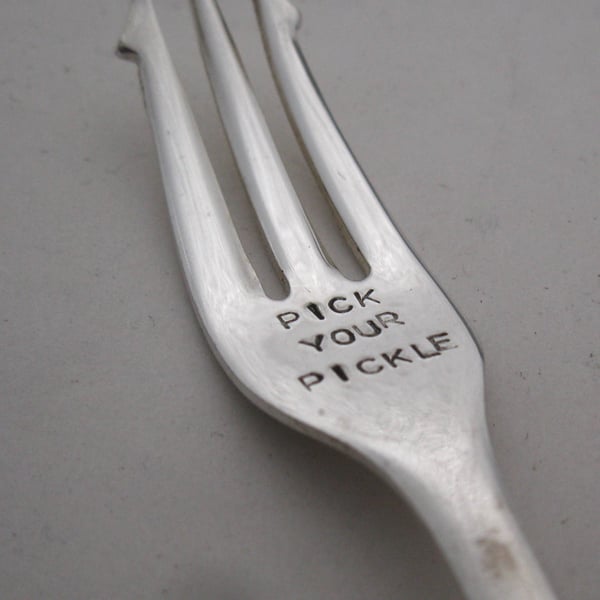 Short plain pickle fork, pick your pickle, handstamped