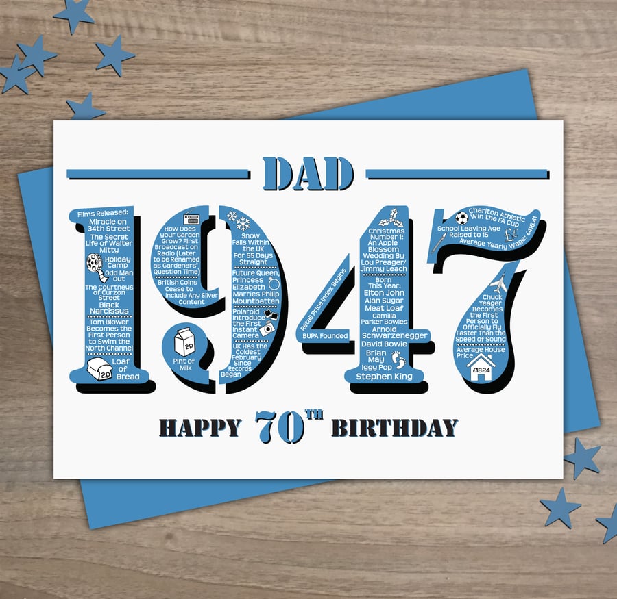 Happy 70th Birthday Dad Year of Birth Greetings Card - Born in 1947 - Facts A5