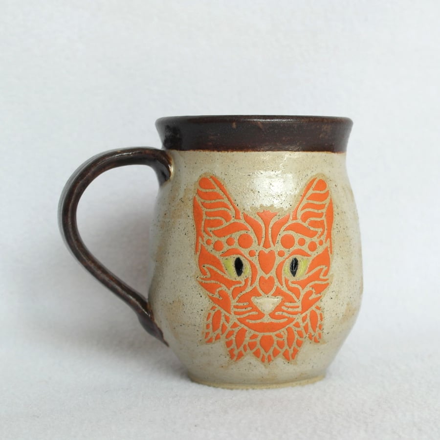19-121 Handmade Ceramic Stoneware Orange Cat Mug