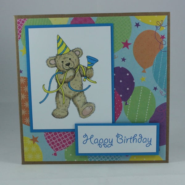 Handmade child's birthday card - party teddy - Folksy