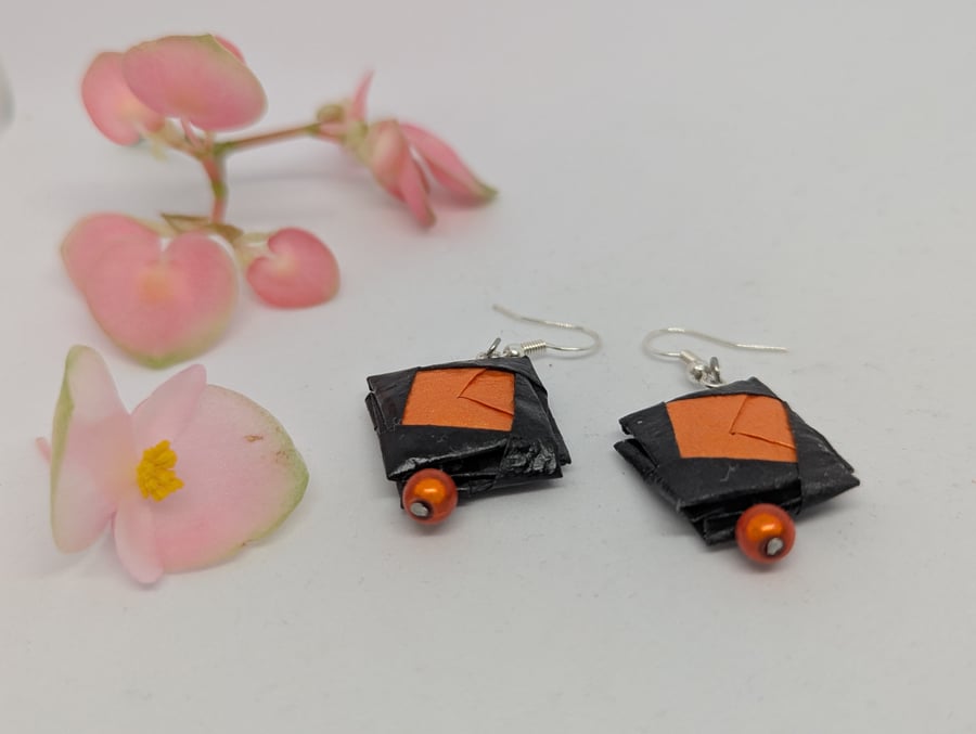  Black and orange Japanese paper earrings