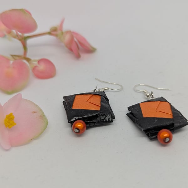  Black and burnt orange Japanese paper earrings