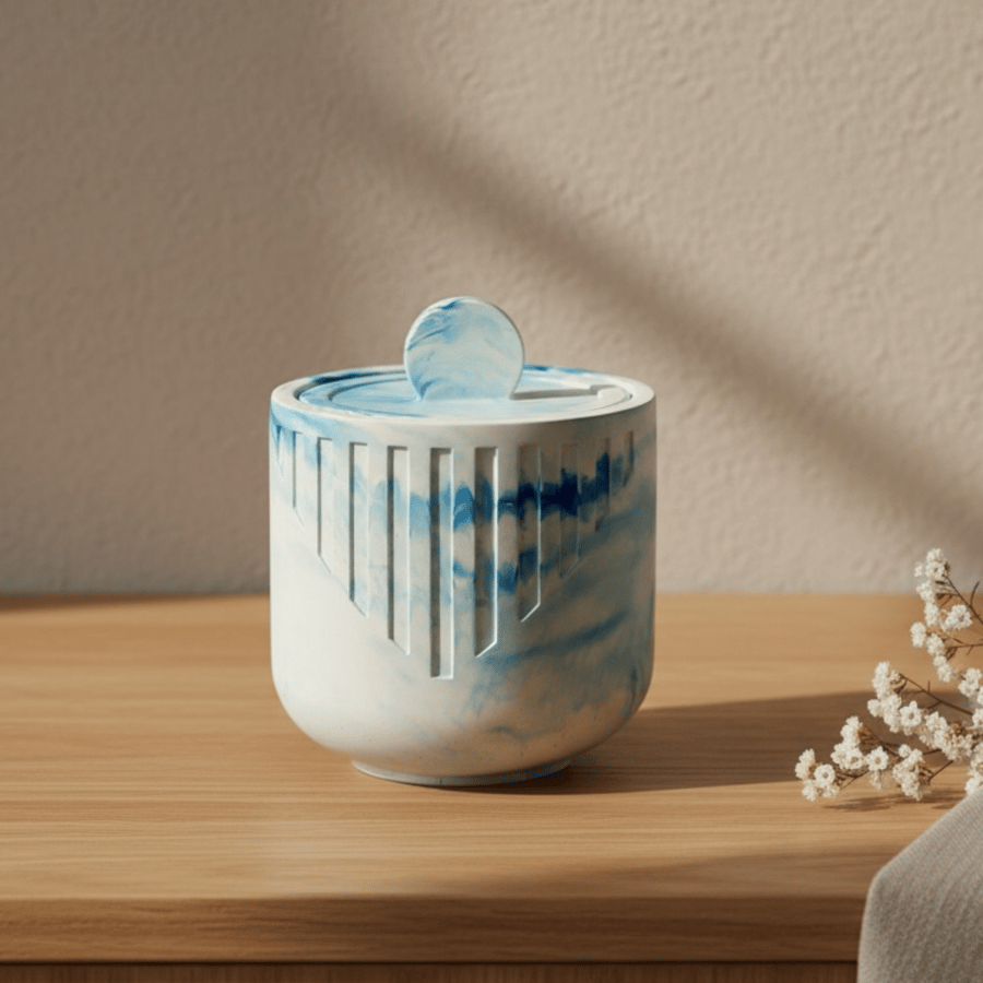 Blue and White Marbled Trinket Box with Lid – Handmade Jewellery Pot