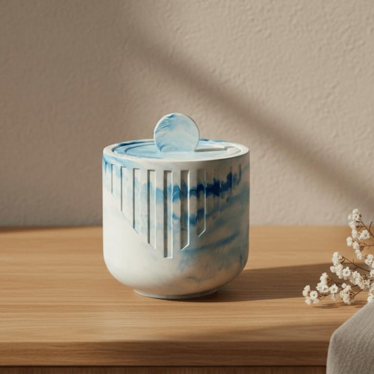Blue and White Marbled Trinket Box with Lid – Handmade Jewellery Pot