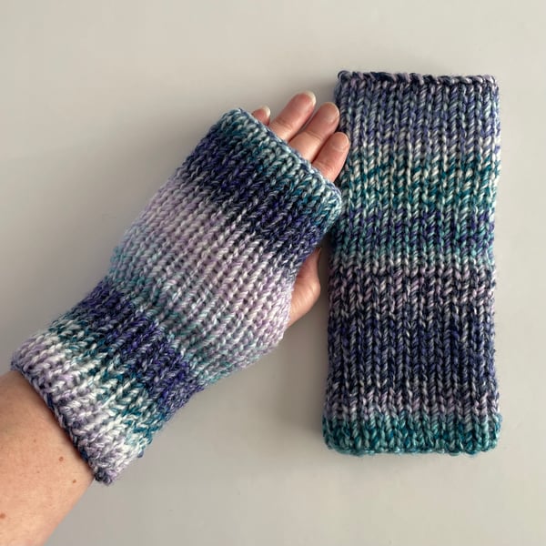 Blue Fingerless Gloves, handmade knitted wrist warmers, FREE DELIVERY 