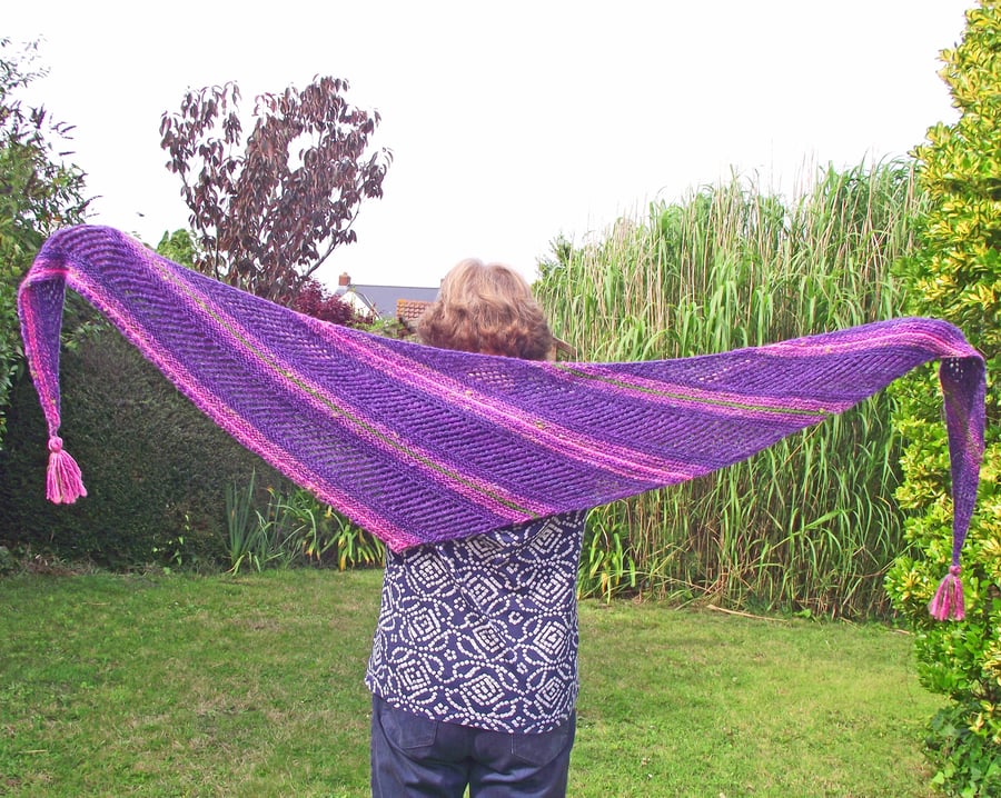 Asymmetrical Scarf, Wrap, Shawl, Purple, Pink, Green, Handspun Knitted, Merino 