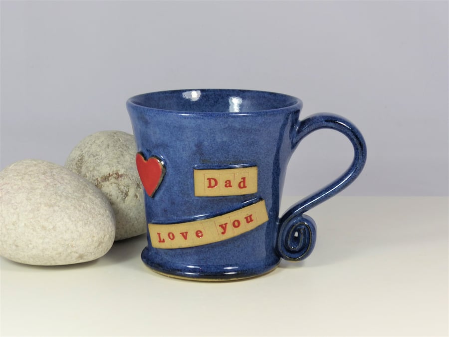 Dad Love You & Red Heart - Personalised  Blue  Mug Cup Ceramic Pottery Stoneware