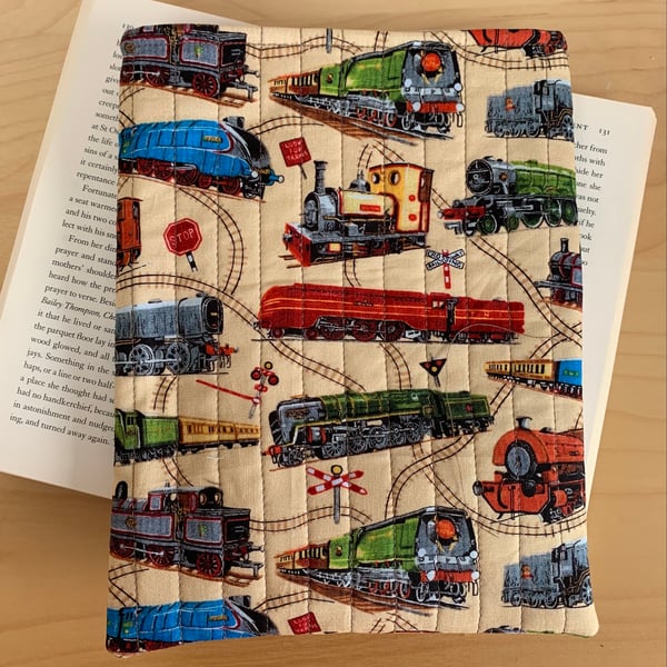 Train Print Quilted Fabric Book Sleeve - Hardback Size