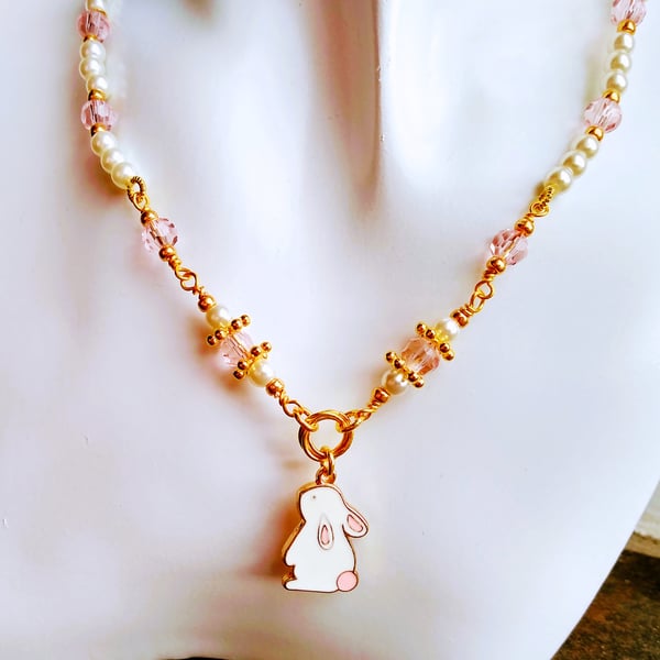 Enamel Rabbit Pendant Beaded Choker Necklace in Pink and White Length 14-16 Inch