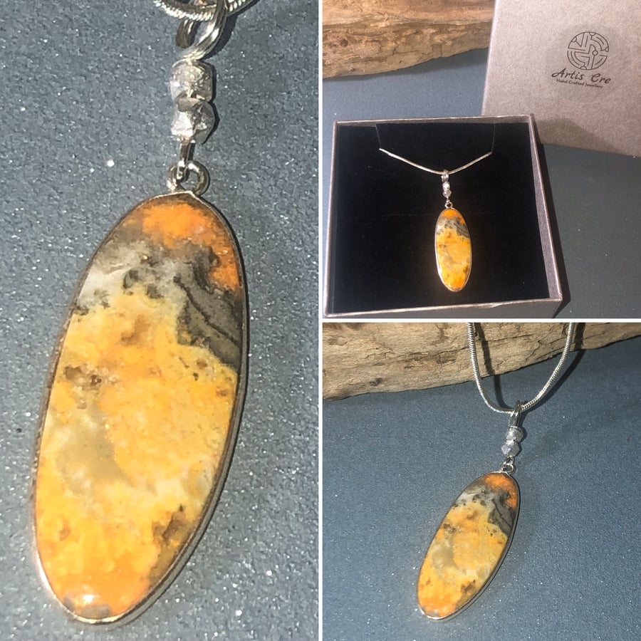 Natural bumblebee Jasper pendant on sterling silver 20” chain 