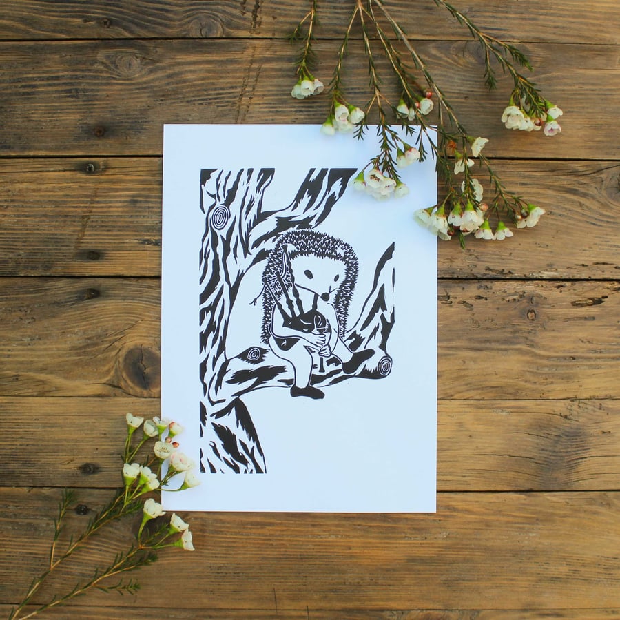 Hans and his bagpipes A4 Lino print