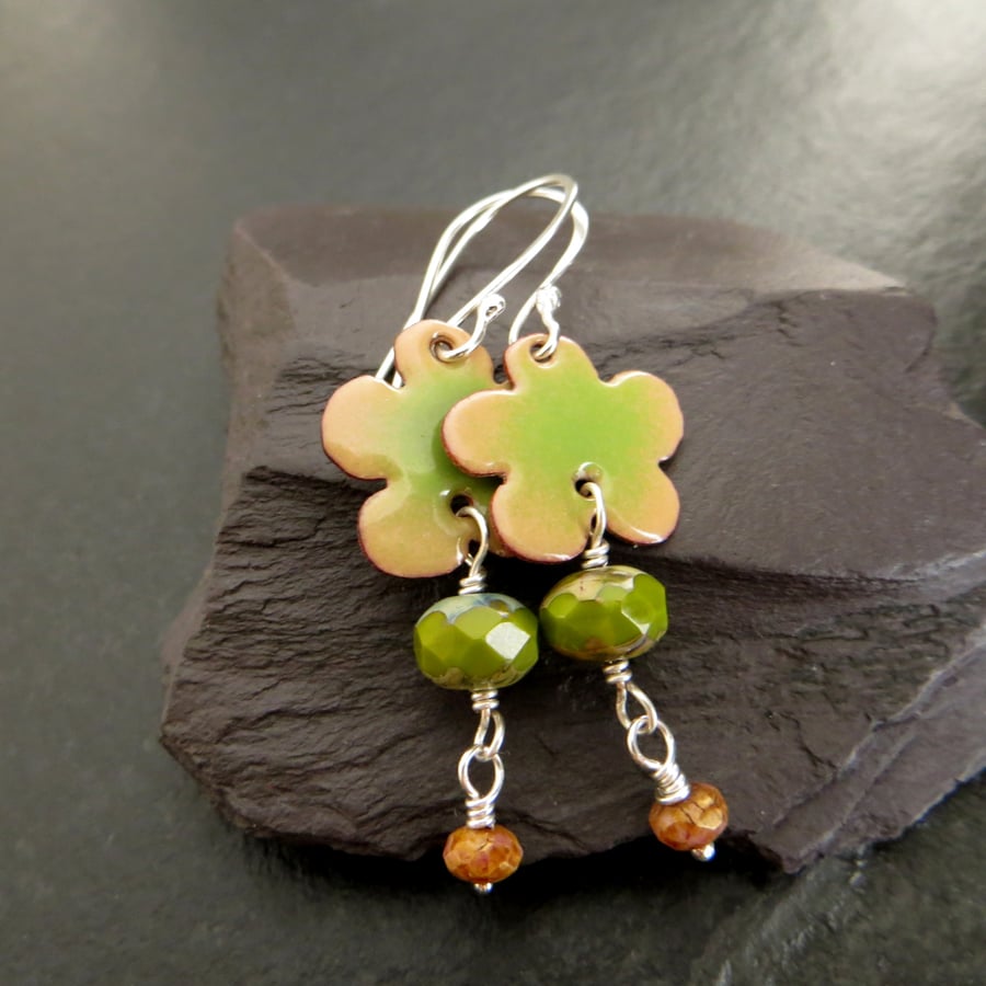 Pale Green and Brown Enamel Flower Earrings