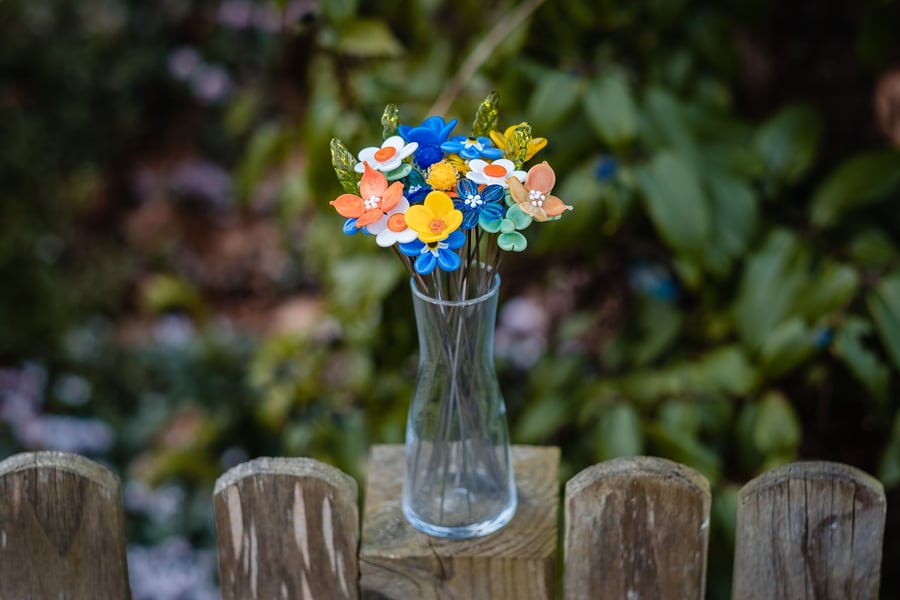 Summer Days Bouquet with Glass Vase - Glass Flower Stems - Handmade Glass Flower