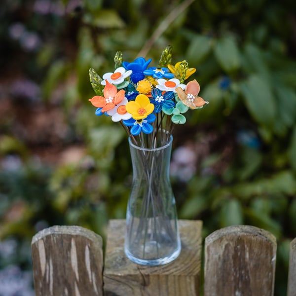 Summer Days Bouquet with Glass Vase - Glass Flower Stems - Handmade Glass Flower