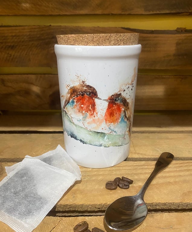 Robins Kiss Watercolour Ceramic Storage Jar with Cork Lid, by Artist Sandi Mower