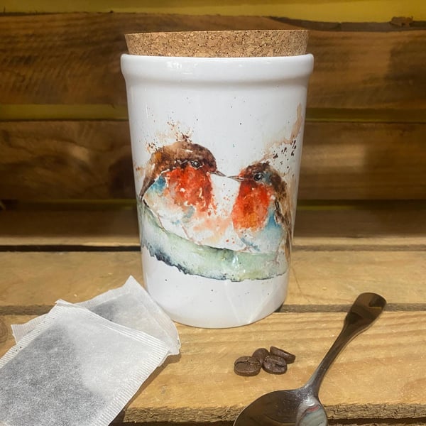 Robins Kiss Watercolour Ceramic Storage Jar with Cork Lid, by Artist Sandi Mower