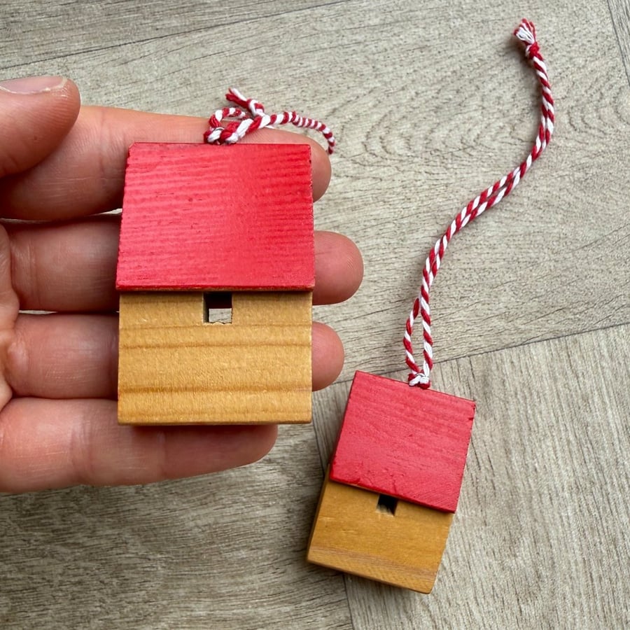 Two Wooden Building Ornaments - Plastic-Free Decorations Upcycled from Toys