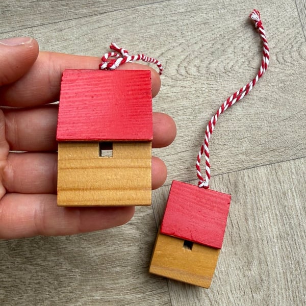 Two Wooden Building Ornaments - Plastic-Free Decorations Upcycled from Toys